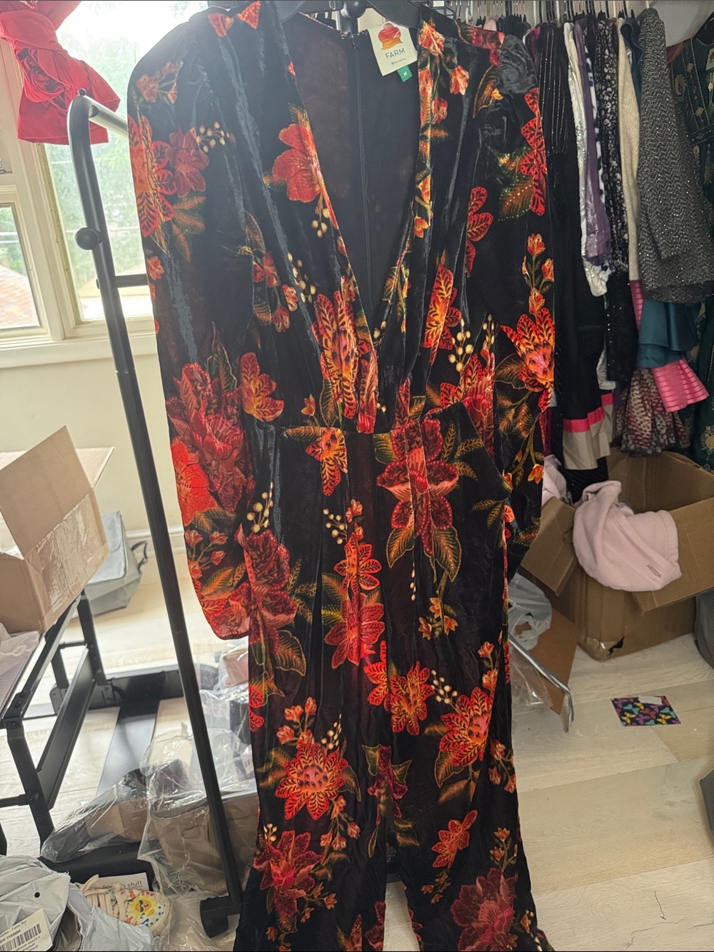 FARM Rio Black Winter Bloom V-Neck Velvet Jumpsuit - Picture 2 of 13